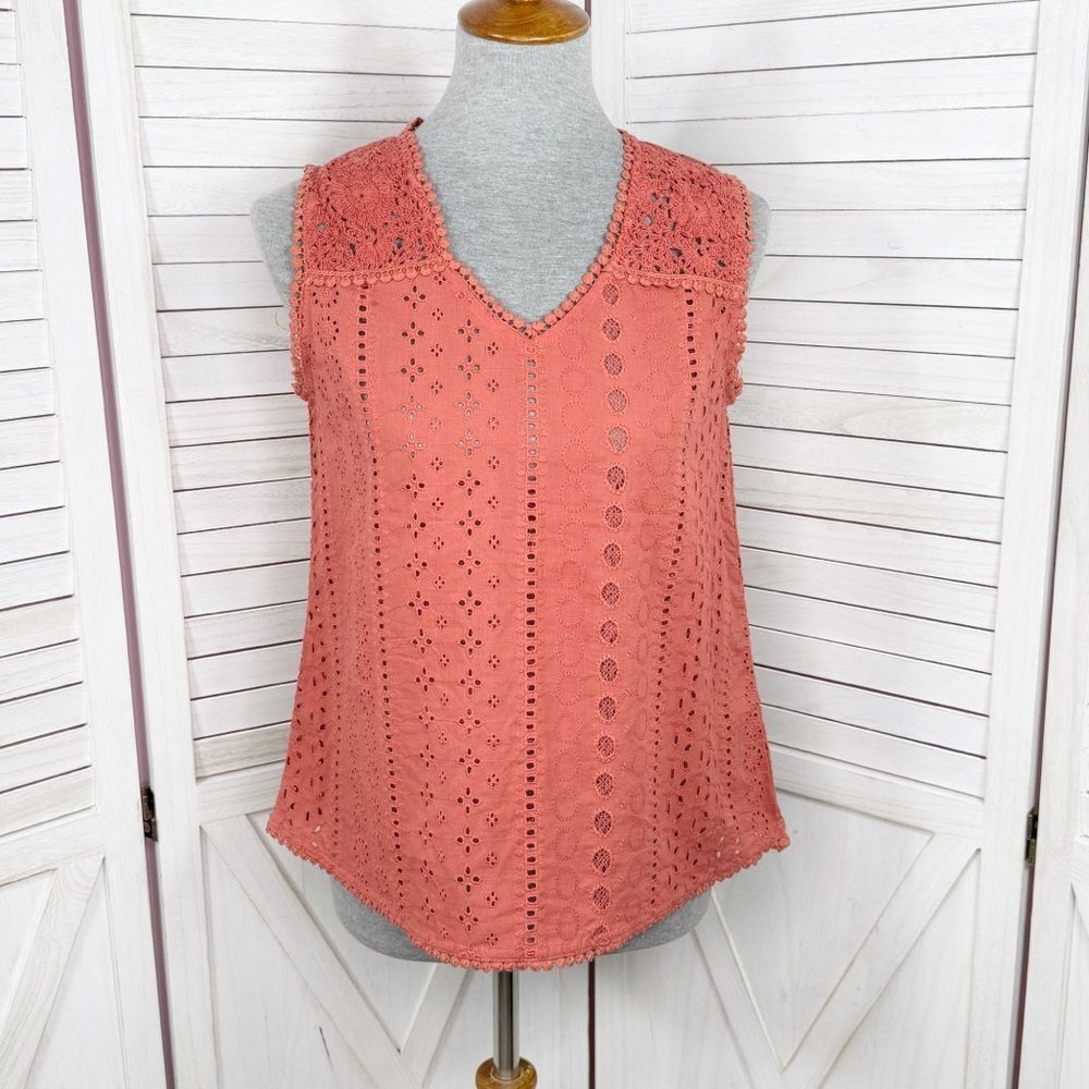 Joie Eyelet Crochet V Neck Sleeveless Boho Top Brick Rust Orange XS